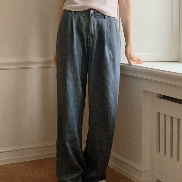 [SLOWAND] Vintage Pintuck Wide Medium Denim Pants