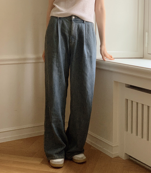 [SLOWAND] Vintage Pintuck Wide Medium Denim Pants