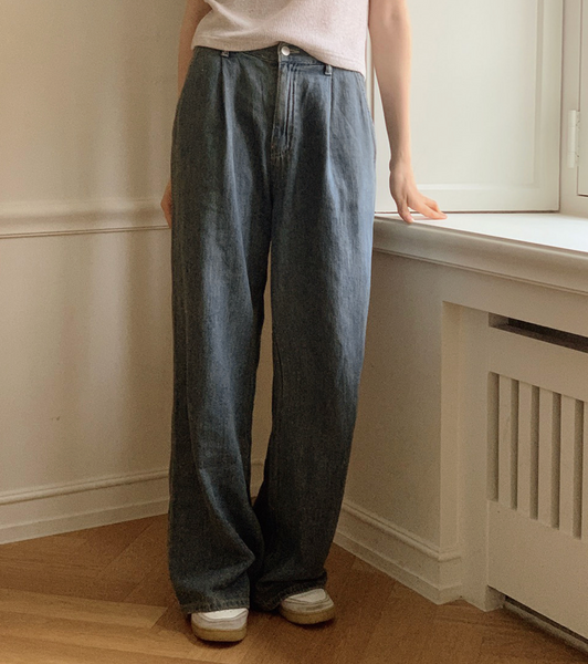 [SLOWAND] Vintage Pintuck Wide Medium Denim Pants