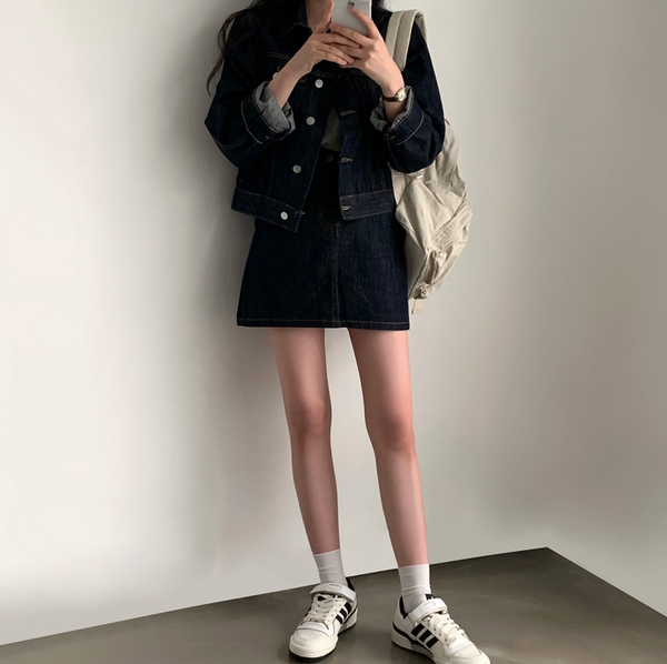 [CREAM CHEESE] Autumn Denim Long-sleeved Jacket + Skirt or Denim Pants Set-up