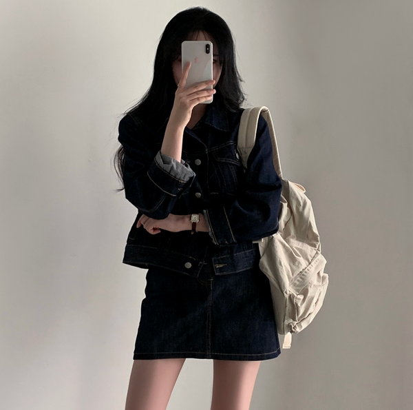 [CREAM CHEESE] Autumn Denim Long-sleeved Jacket + Skirt or Denim Pants Set-up