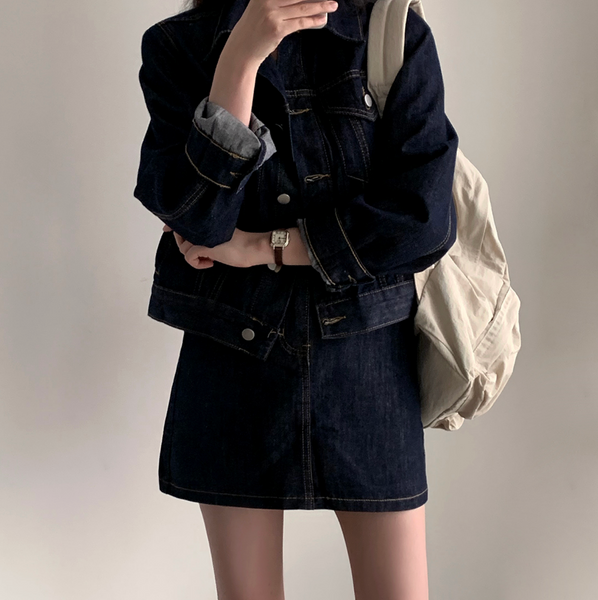 [CREAM CHEESE] Autumn Denim Long-sleeved Jacket + Skirt or Denim Pants Set-up