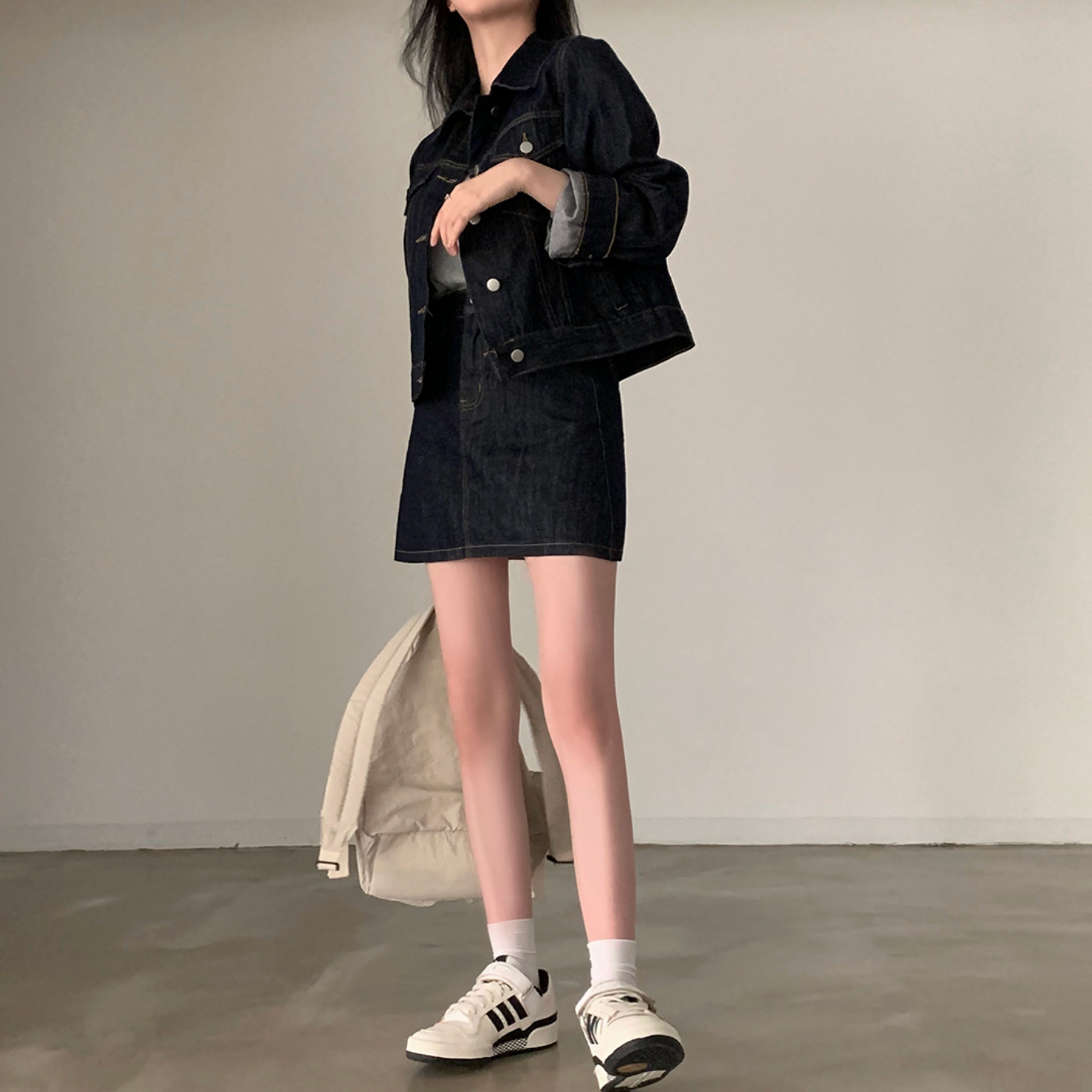 [CREAM CHEESE] Autumn Denim Long-sleeved Jacket + Skirt or Denim Pants Set-up