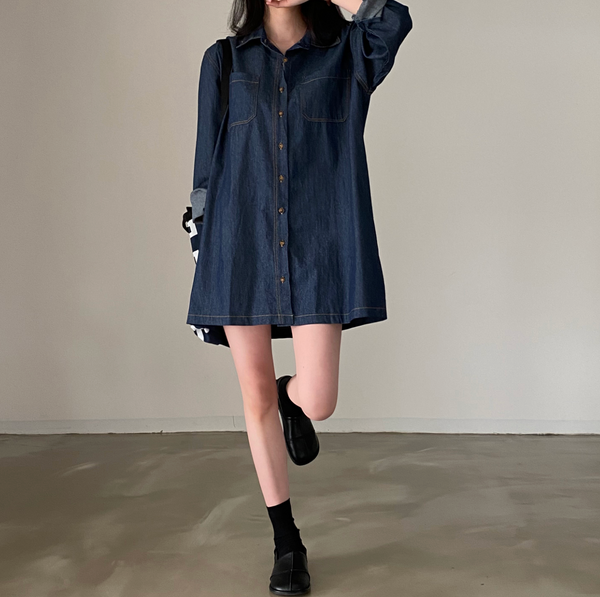 [CREAM CHEESE] Dark Denim Shirt Dress