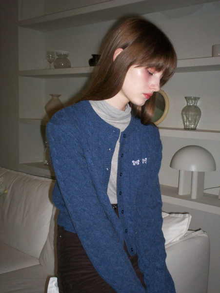 [Letter from Moon] Triple Butterfly Embroidered Cable Wool Cardigan