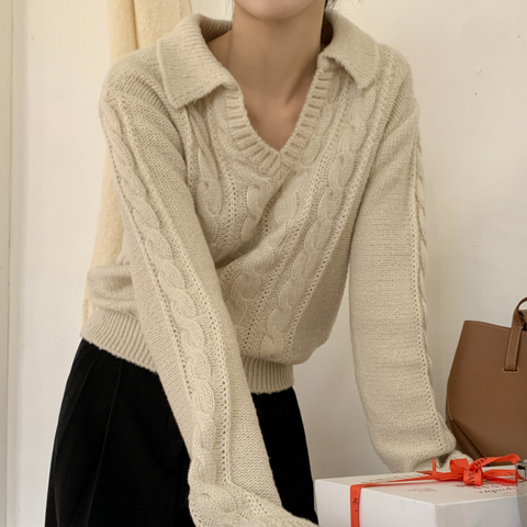 [98°C] Chestnut Collar Twisted Knitwear