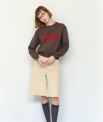 RON RON] HEART RIBBON JACQUARD KNIT BROWN – Ohue