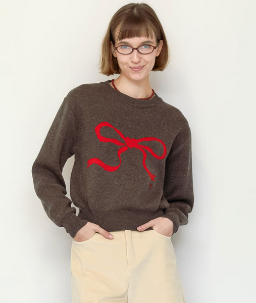 [RON RON]  HEART RIBBON JACQUARD KNIT BROWN