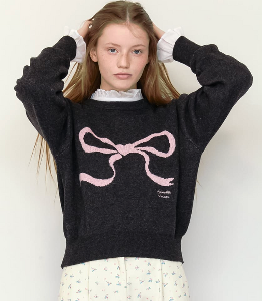 [RON RON]  HEART RIBBON JACQUARD KNIT CHARCOAL