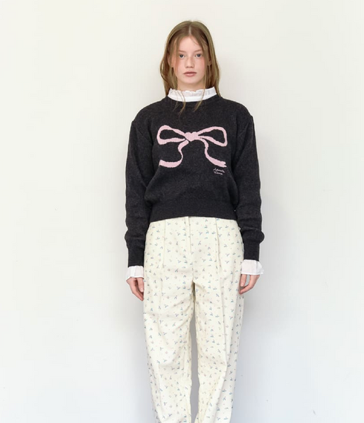 [RON RON]  HEART RIBBON JACQUARD KNIT CHARCOAL