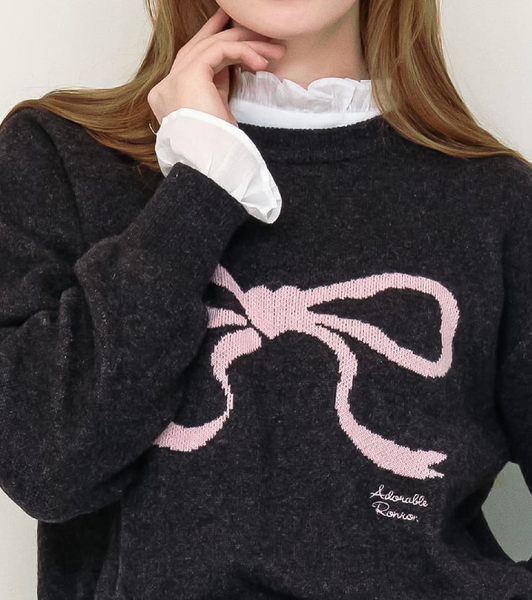 [RON RON]  HEART RIBBON JACQUARD KNIT CHARCOAL