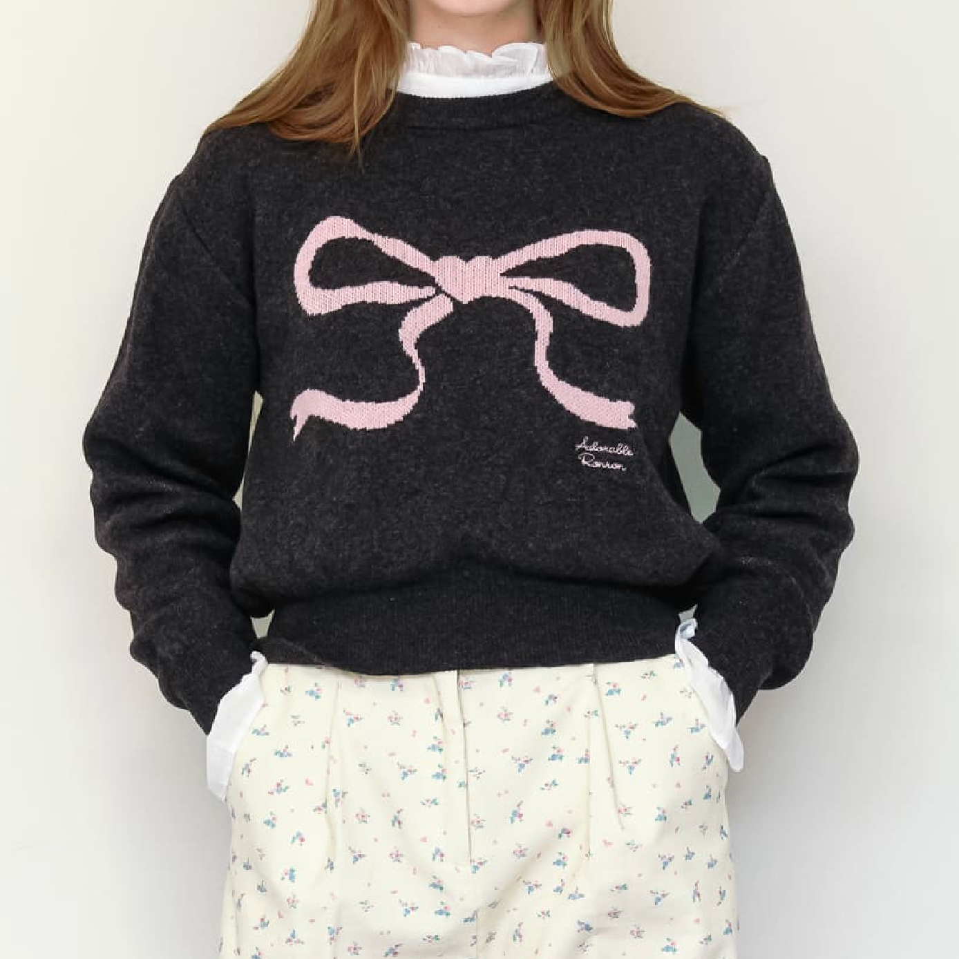 [RON RON]  HEART RIBBON JACQUARD KNIT CHARCOAL