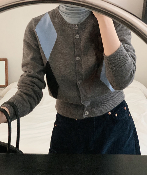 [SLOWAND] Mono Blue Argyle Cardigan