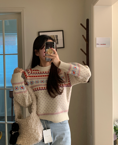 [GIRLS RECIPE] Snowflake Flower Vintage Round Knitwear
