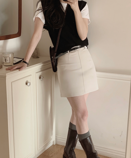 [SLOWAND] Modern Black Belt Mini Skirt (+Belt Set)