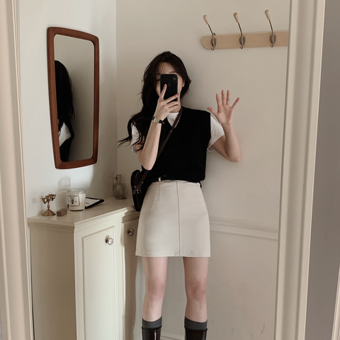 [SLOWAND] Modern Black Belt Mini Skirt (+Belt Set)