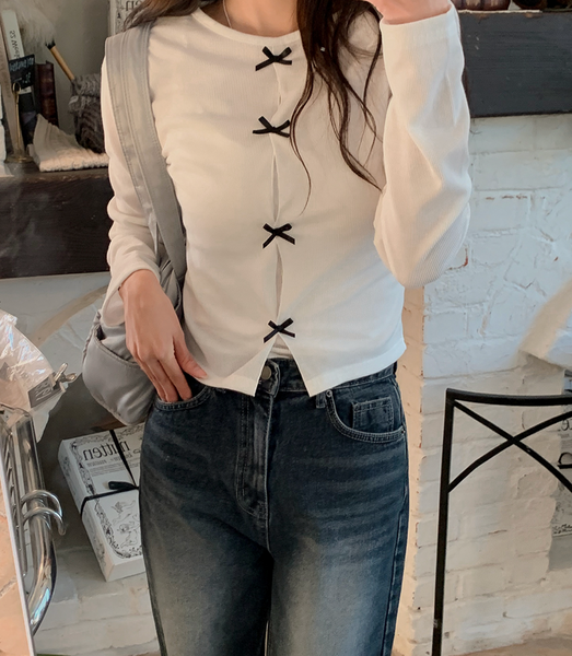 [SHOPPERLAND] Simple Line Ribbon Spring Long-sleeved T-shirt