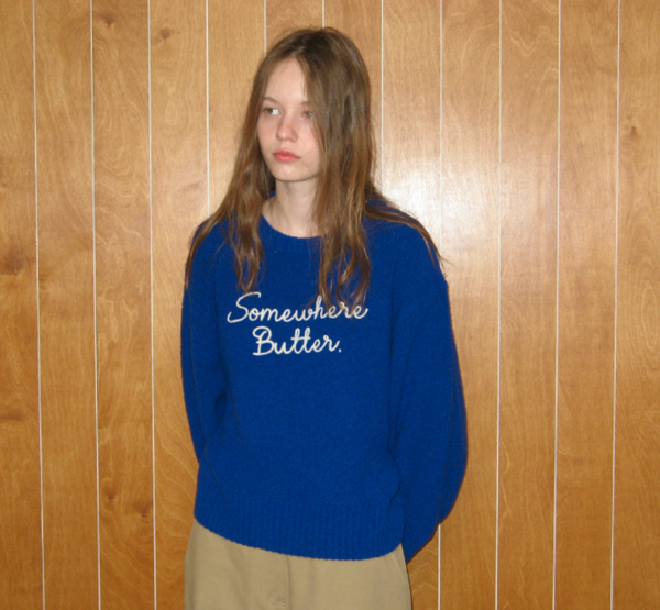 [SOMEWHERE BUTTER.] Letter Wool Knit (Cobalt Blue)