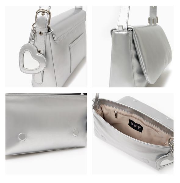 [VVV] Heart Mirror Padded Shoulder Cross Bag (Silver)