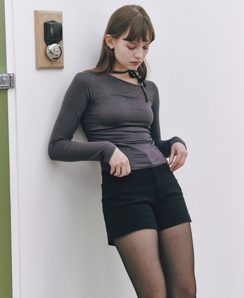 [Letter from Moon] Slash Neck Ribbon Top (Charcoal)