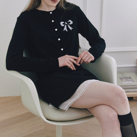 [Letter from Moon] Ribbon From Moon Essential Cardigan (Black)