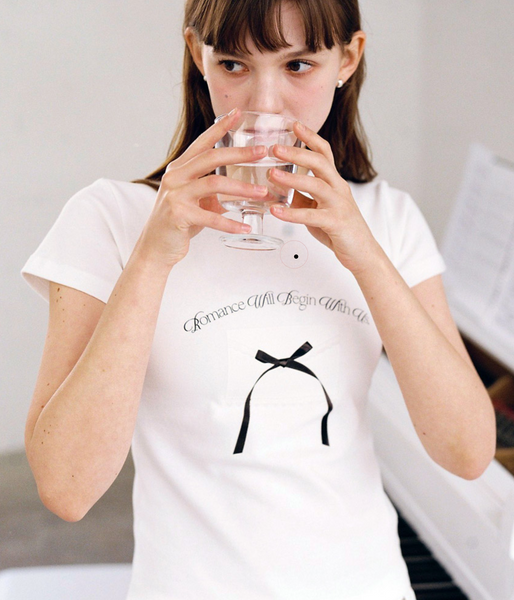 [Letter from Moon] Ribbon Letter Slim T-Shirts (White)