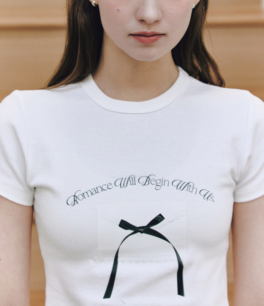 [Letter from Moon] Ribbon Letter Slim T-Shirts (White)