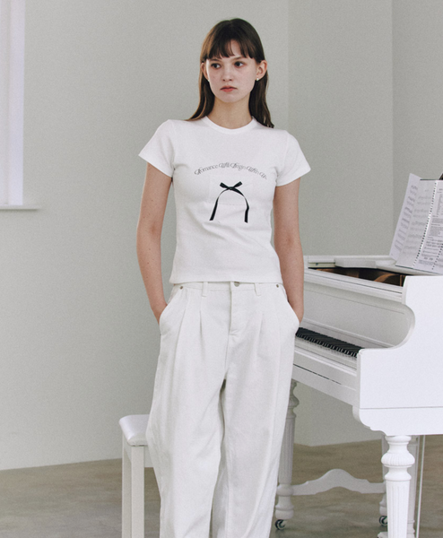 [Letter from Moon] Ribbon Letter Slim T-Shirts (White)