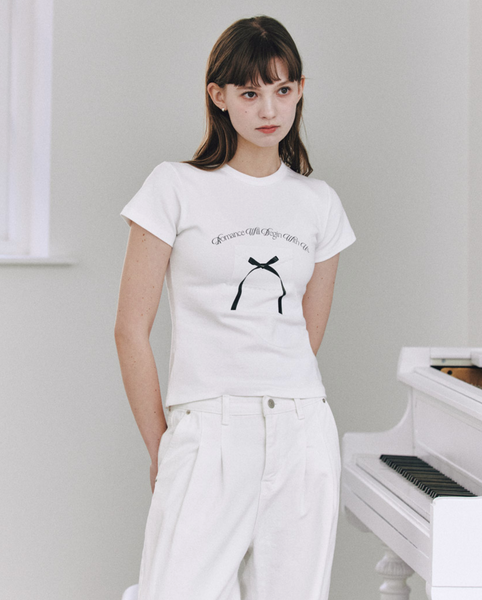 [Letter from Moon] Ribbon Letter Slim T-Shirts (White)