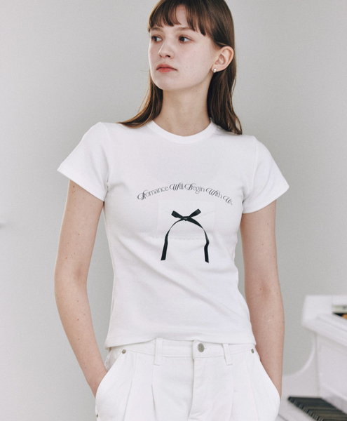 [Letter from Moon] Ribbon Letter Slim T-Shirts (White)