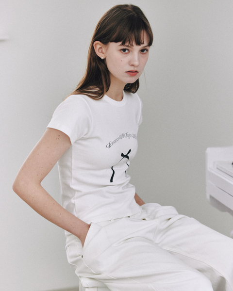 [Letter from Moon] Ribbon Letter Slim T-Shirts (White)