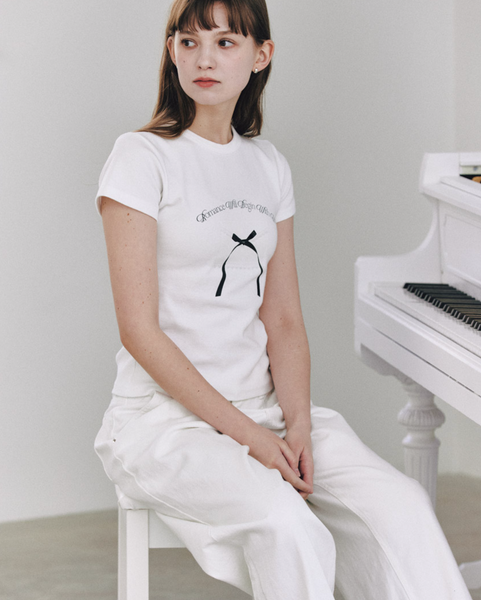 [Letter from Moon] Ribbon Letter Slim T-Shirts (White)