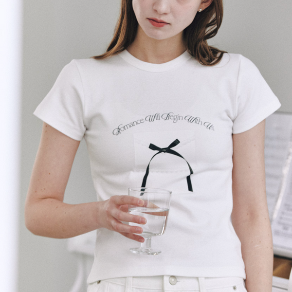 [Letter from Moon] Ribbon Letter Slim T-Shirts (White)