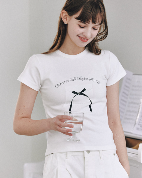 [Letter from Moon] Ribbon Letter Slim T-Shirts (White)