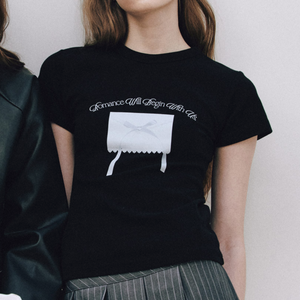 [Letter from Moon] Ribbon Letter Slim T-Shirts (Black)