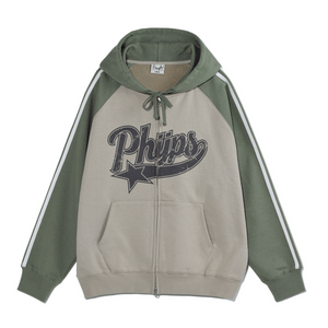 [PHYPS] STAR TAIL COLOR BLOCK HOODIE ZIP UP GREEN BEIGE