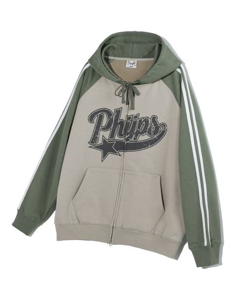 [PHYPS] STAR TAIL COLOR BLOCK HOODIE ZIP UP GREEN BEIGE