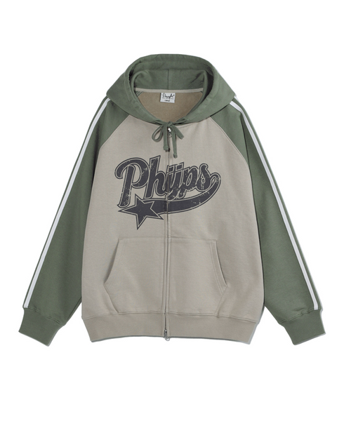 [PHYPS] STAR TAIL COLOR BLOCK HOODIE ZIP UP GREEN BEIGE