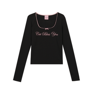 [ITZAVIBE] CAT BLESS RIBBON LONG SLEEVE - BLACK