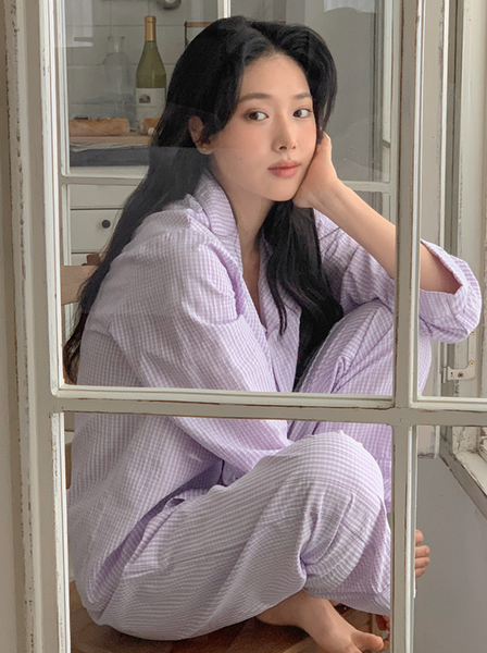 [Juuneedu] Plan Gingham Checkered Pajama Set