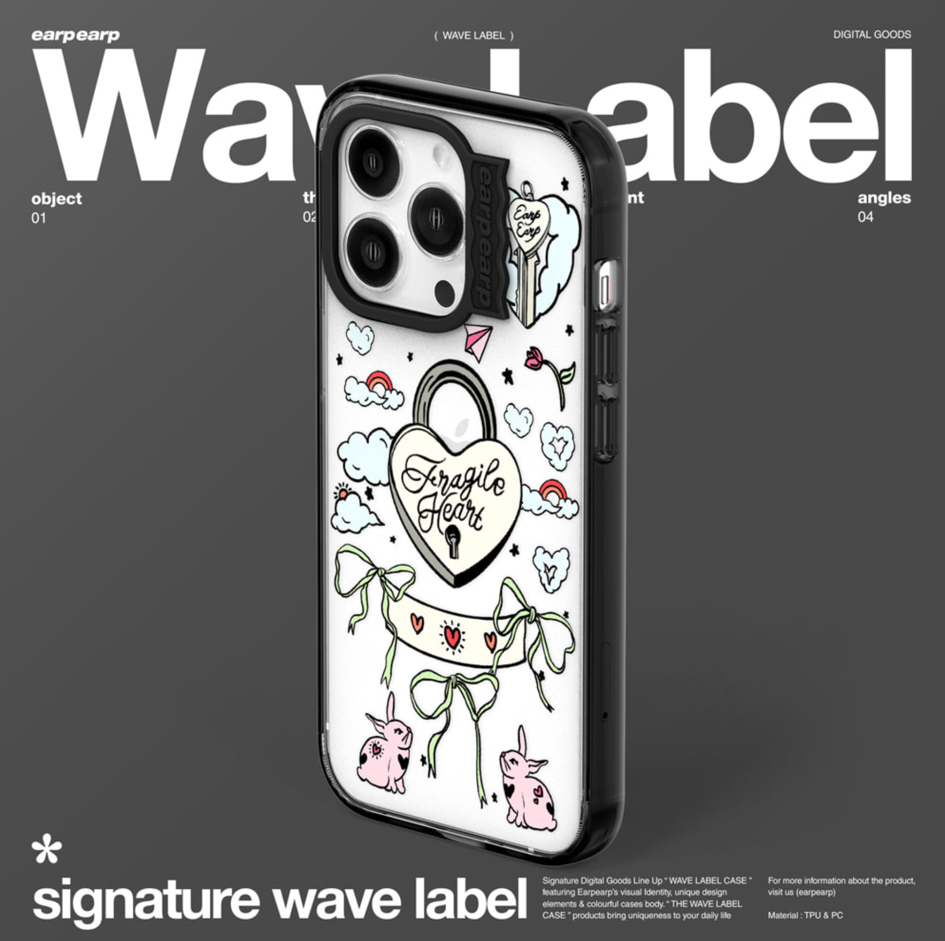 [earp earp] Wave Label Heart Pad Lock BLACK Clear Phone Case / MagSafe Phone Case