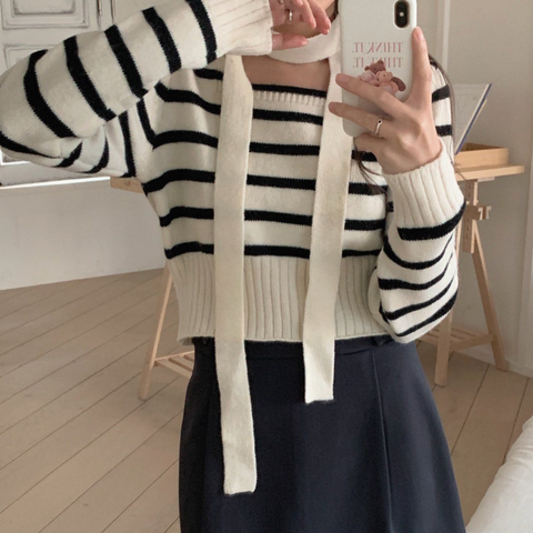 最後一件!! (現貨) - ♡ o'pparel ♡ Stripe Opening Knit (Muffler Set)