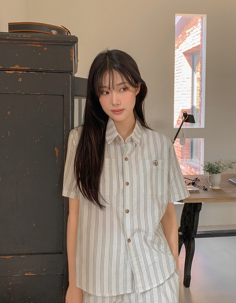 [Juuneedu] Olive Stripe Short Sleeve Pyjama Set