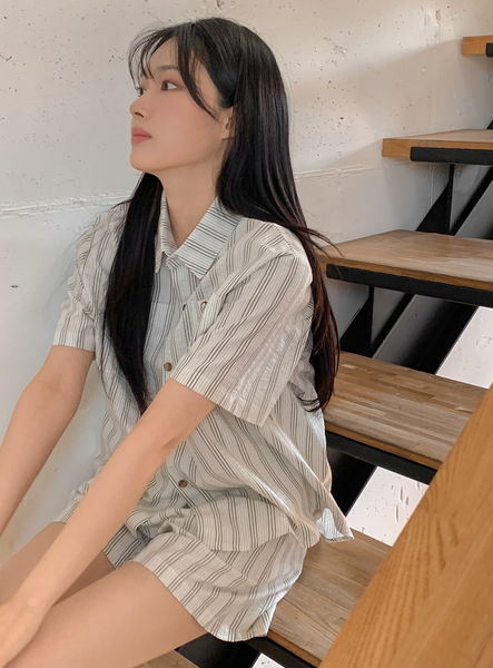 [Juuneedu] Olive Stripe Short Sleeve Pyjama Set