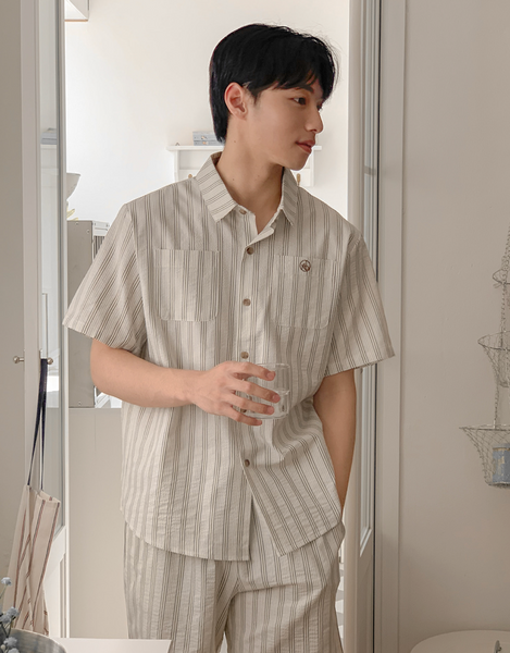 [Juuneedu] Olive Stripe Short Sleeve Pyjama Set