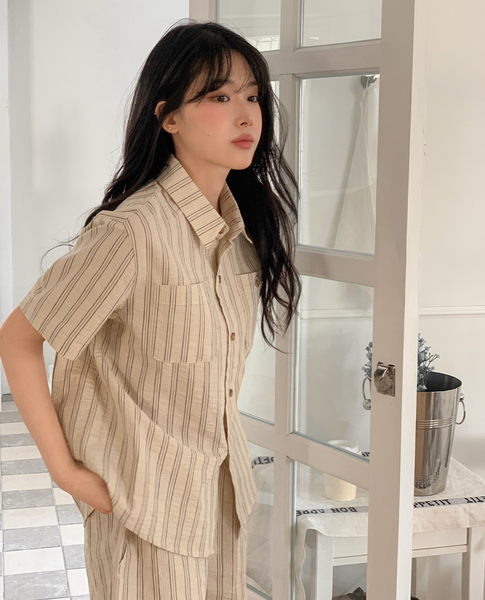 [Juuneedu] Olive Stripe Short Sleeve Pyjama Set