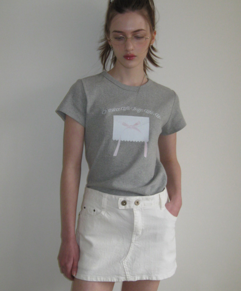 [Letter from Moon] Ribbon Letter Slim T-Shirts (Grey)