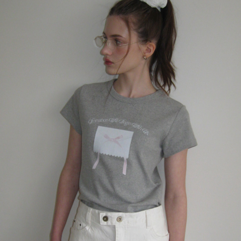 [Letter from Moon] Ribbon Letter Slim T-Shirts (Grey)