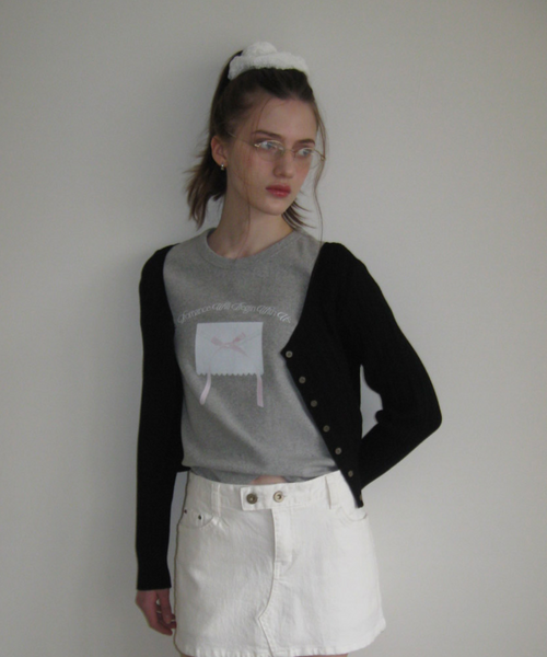 [Letter from Moon] Ribbon Letter Slim T-Shirts (Grey)