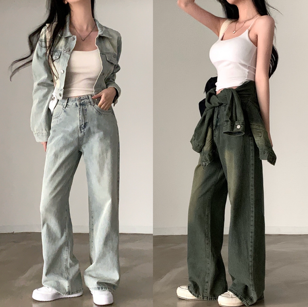 [CREAM CHEESE] Vintage Denim Jacket + Wide Pants Set